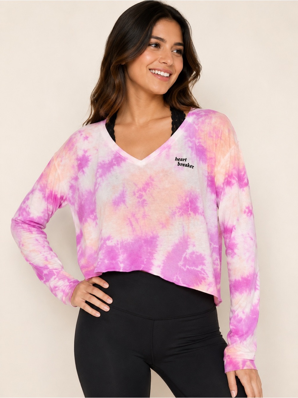 Victoria’s Secret PINK Pink Tie Dye Long Sleeve Crop V-Neck T-Shirt Relaxed Fit